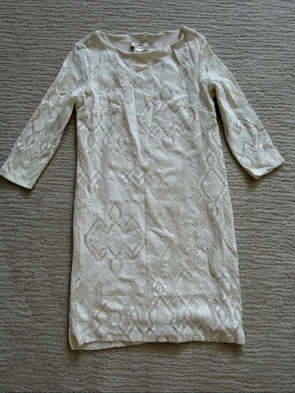 Fuzzy Elegant Ivory Lace Shift Dress with Three-Quarter Sleeves